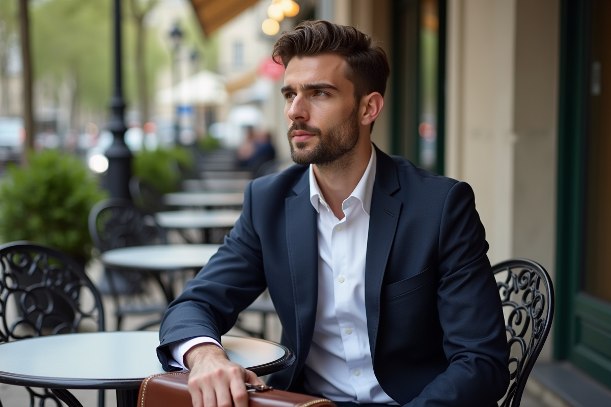 Jeune homme en costume dans un café parisien