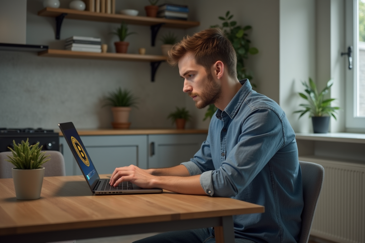 Jeune homme concentré sur son ordinateur avec symbole bitcoin