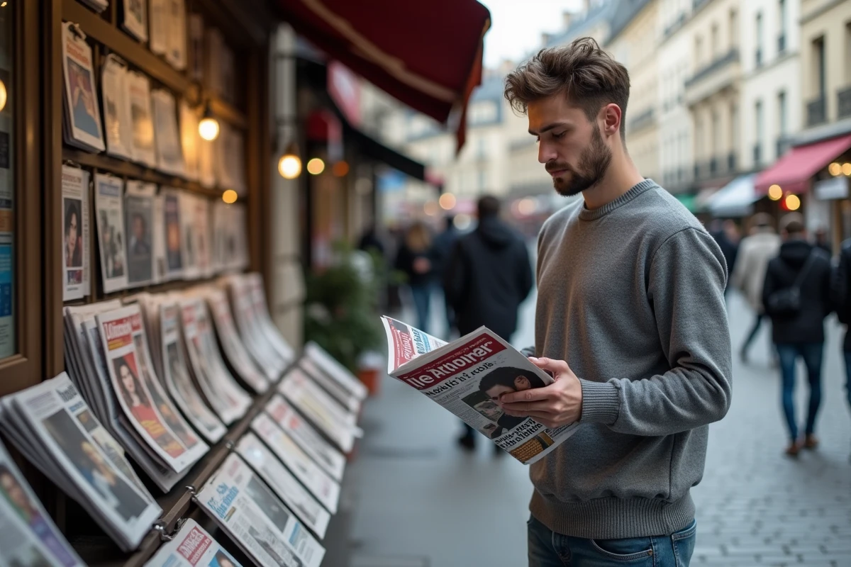 Jeune homme regardant des magazines dans une rue parisienne