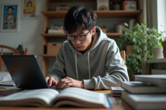 Jeune homme concentré avec manga sur son bureau