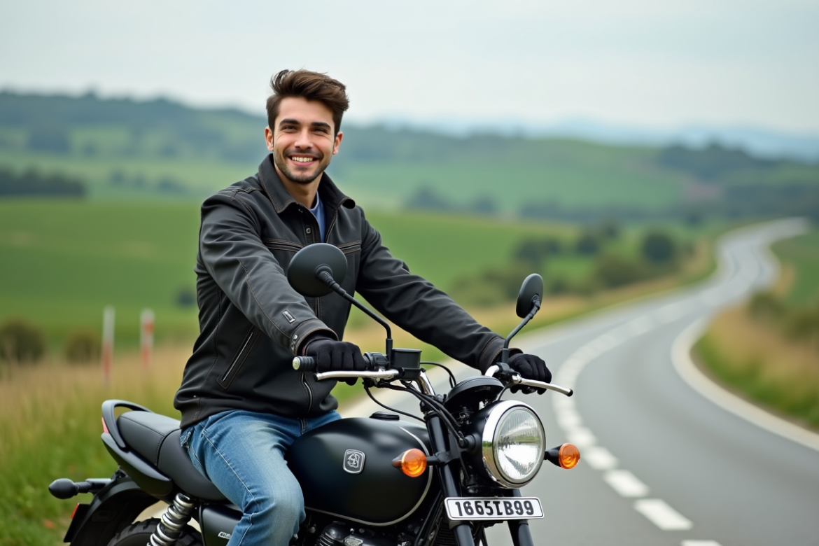 Jeune homme souriant sur une moto Avengers 125cc en campagne