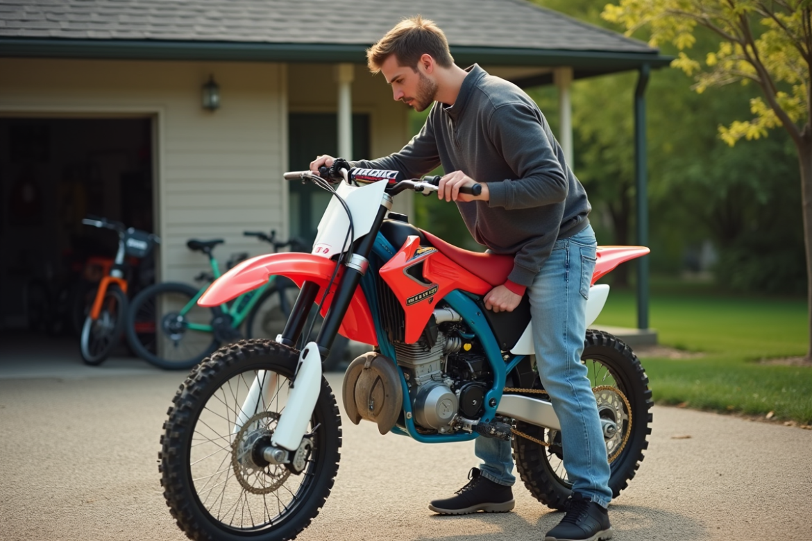 Jeune homme vérifiant une moto tout-terrain 125cc
