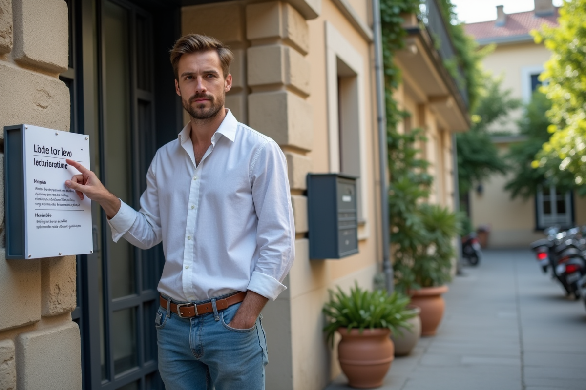 Jeune homme français pointant les reglements immobiliers