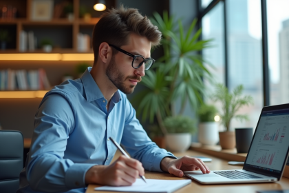 Jeune homme concentré travaillant sur un laptop dans un espace coworking