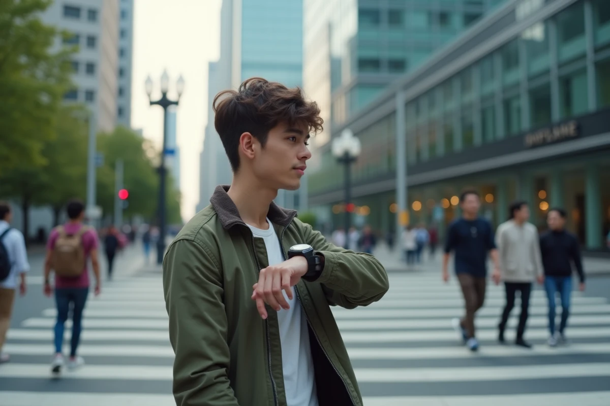 Jeune homme regardant sa montre dans la rue urbaine