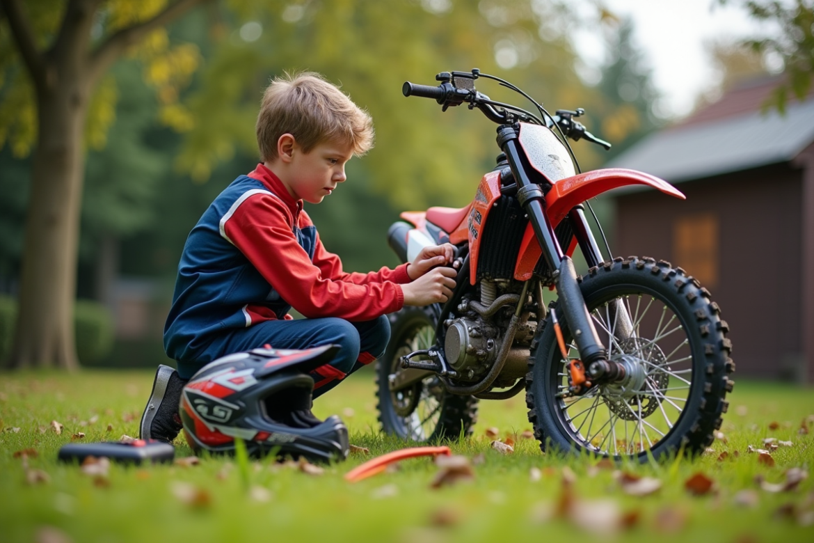 Jeune garçon en équipement motocross vérifiant la chaîne de son bike
