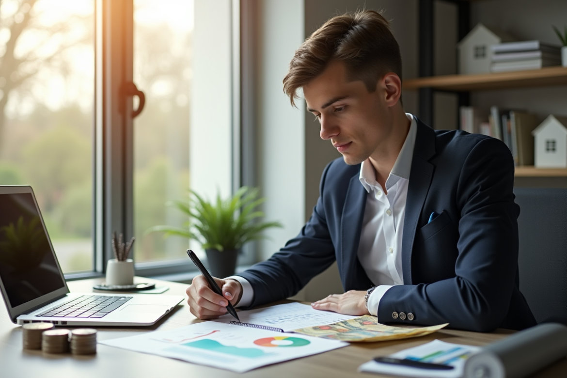 Jeune professionnel analysant documents d'investissement immobilier
