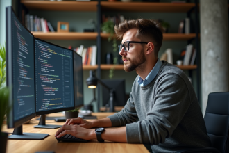 Jeune programmeur homme regardant du code sur grand ecran