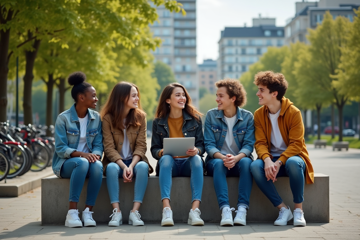 Jeunes discutant dans un parc urbain en ville