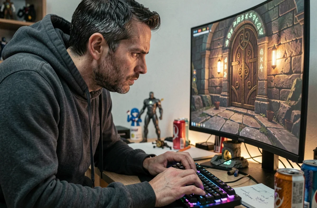Joueur adulte concentré tentant de franchir la porte d'Enutrosor en solo sur son PC gaming