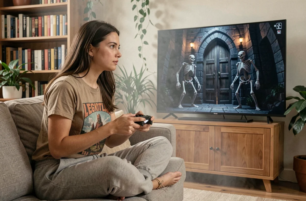 Joueuse en solo face à la porte d'Enutrosor sur console dans son salon