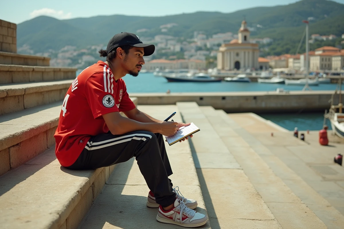 Rappeur marseillais en train d'écrire des paroles assis sur les escaliers du port de Marseille avec la ville en arrière-plan