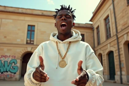 Rappeur marseillais sur scène en plein air, gesticulant avec intensité lors d'une performance urbaine à Marseille
