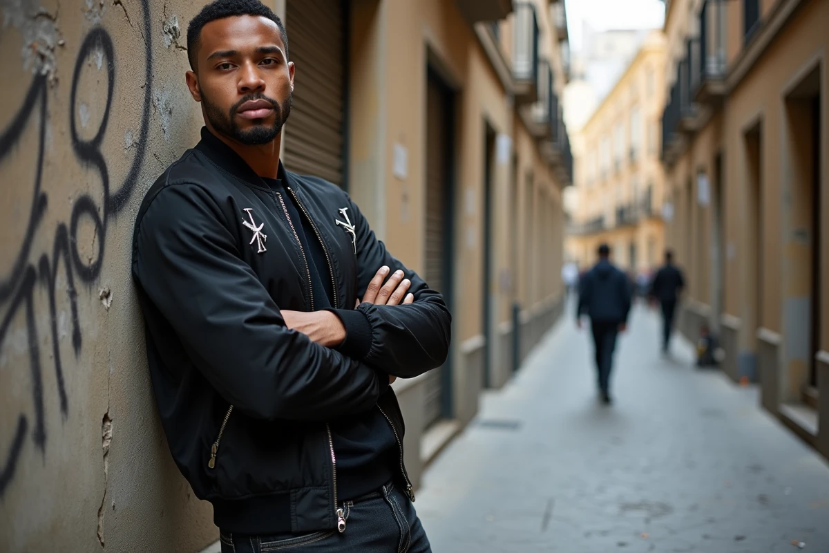 Portrait d'un rappeur marseillais appuyé contre un mur de graffitis dans une ruelle authentique de Marseille