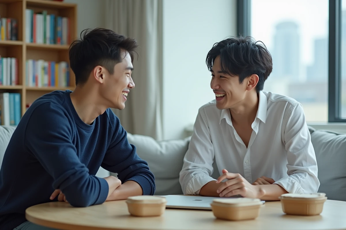Deux jeunes amis en conversation animée dans un appartement entouré de manhwas, illustrant les relations complexes du webtoon Just Friend