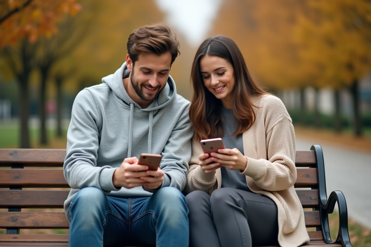 Deux jeunes adultes assis sur un banc de parc consultant leurs téléphones, illustrant une amitié ambiguë entre un homme et une femme