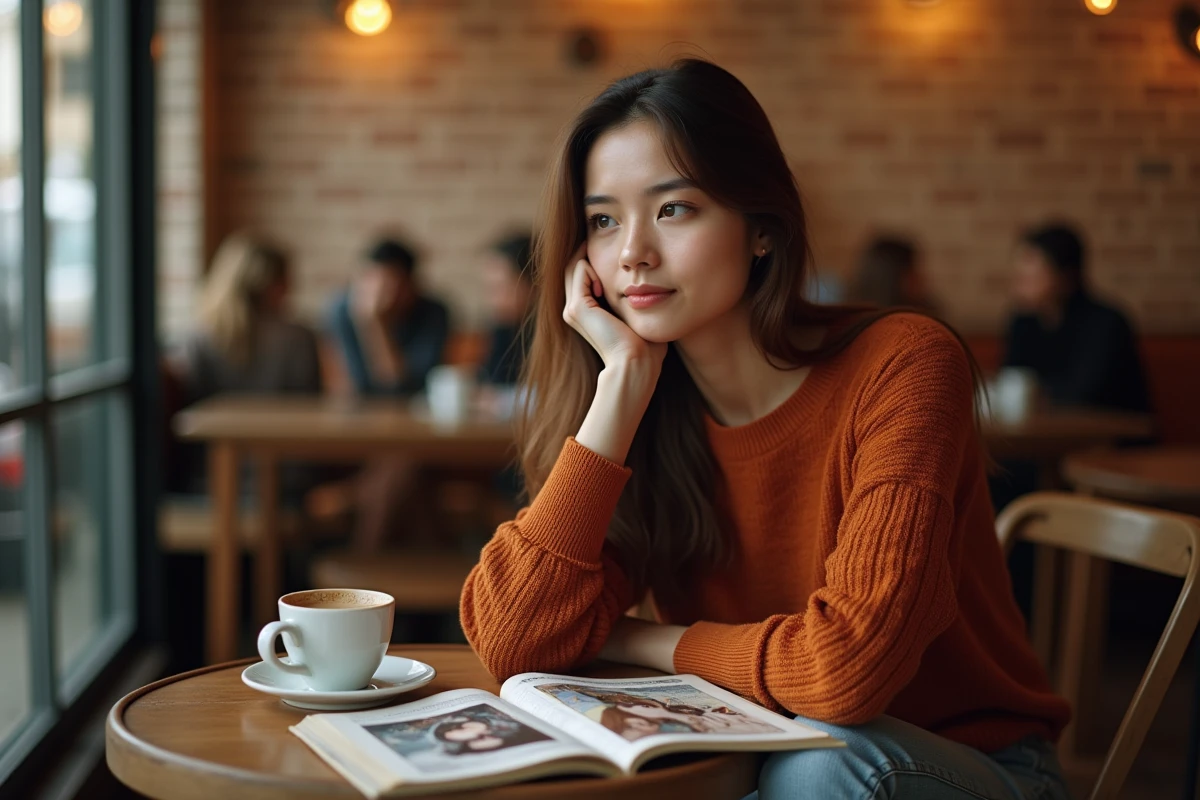 Jeune femme pensive lisant un manhwa dans un café, évoquant l'univers romantique et émotionnel de Just Friend