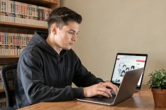 Jeune homme lisant des scans manga en français sur un ordinateur portable dans un bureau à domicile