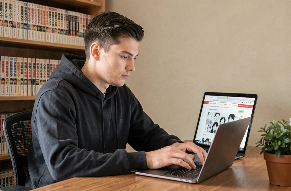 Jeune homme lisant des scans manga en français sur un ordinateur portable dans un bureau à domicile