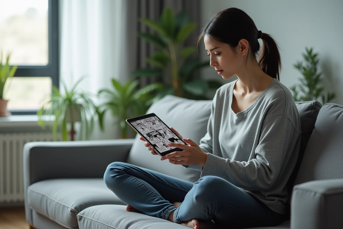 Femme lisant un scan de manga One Piece sur tablette dans un salon moderne et épuré