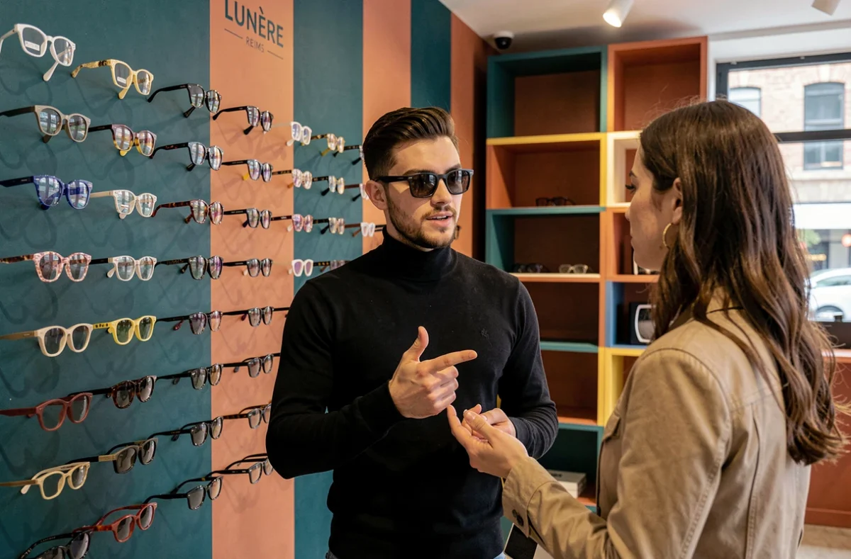 Intérieur audacieux de l'opticien Lunère à Reims avec des montures avant-gardistes et un opticien stylé conseillant un client