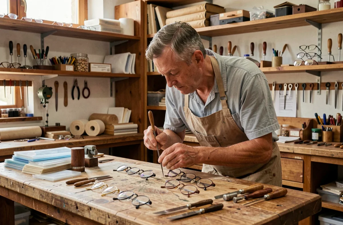 Atelier optique artisanal de Lunetiers et Créateurs à Reims avec un opticien ajustant des montures faites main sur un établi en bois