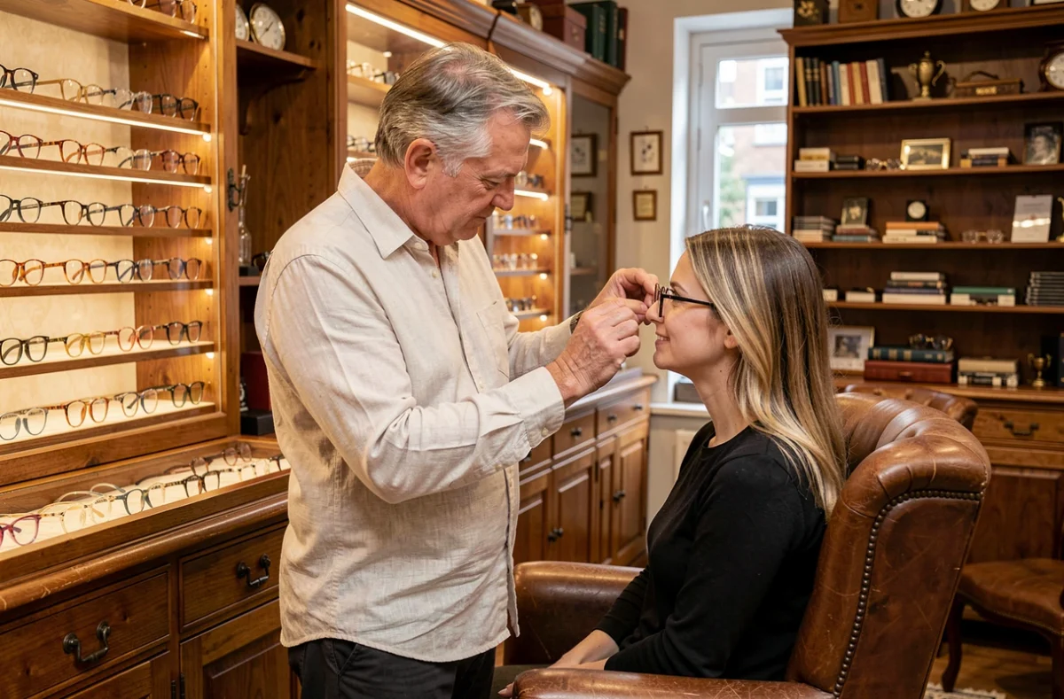 Opticien indépendant La Lunetterie Champenoise à Reims ajustant des lunettes pour une cliente dans une boutique artisanale chaleureuse