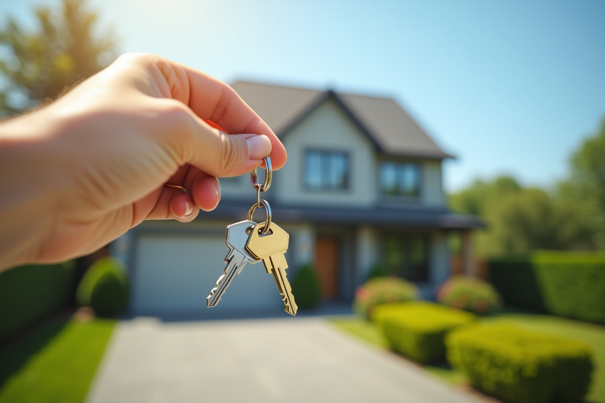 Main tenant une clé avec porte-clé maison devant une maison moderne