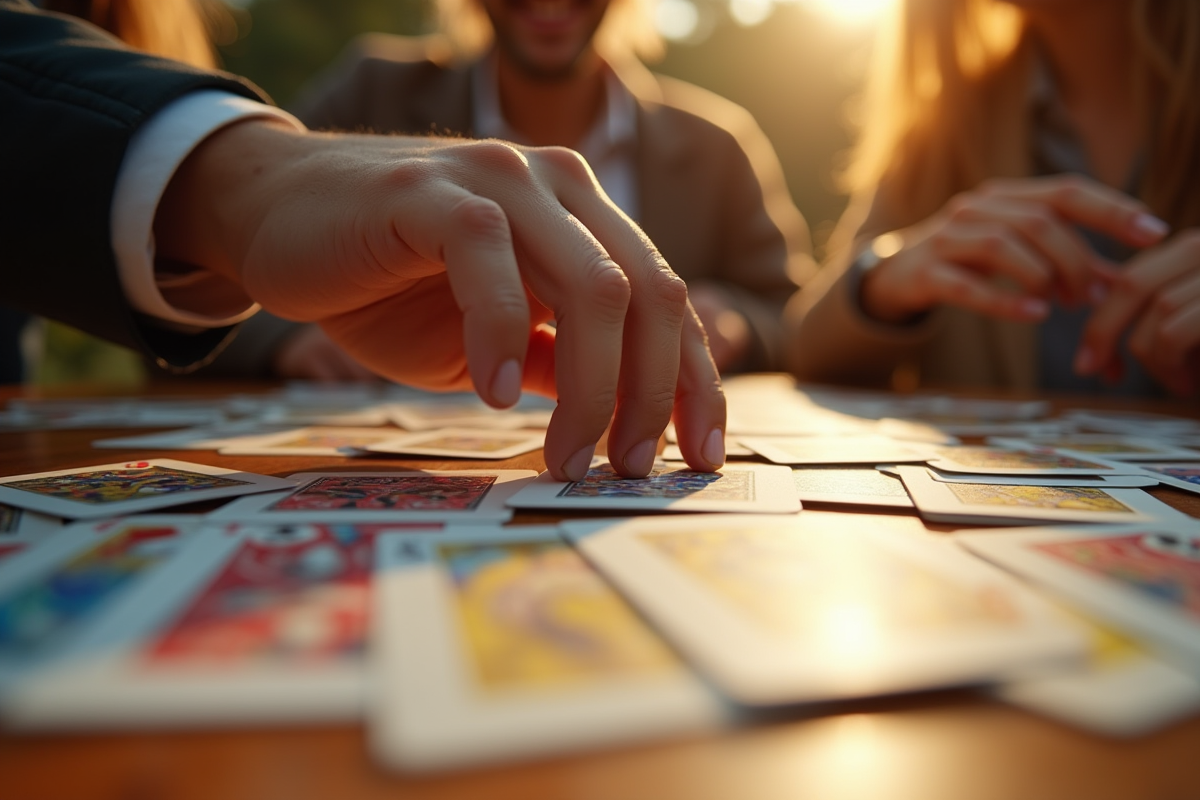 Main plaçant une carte gagnante sur un jeu coloré de cartes