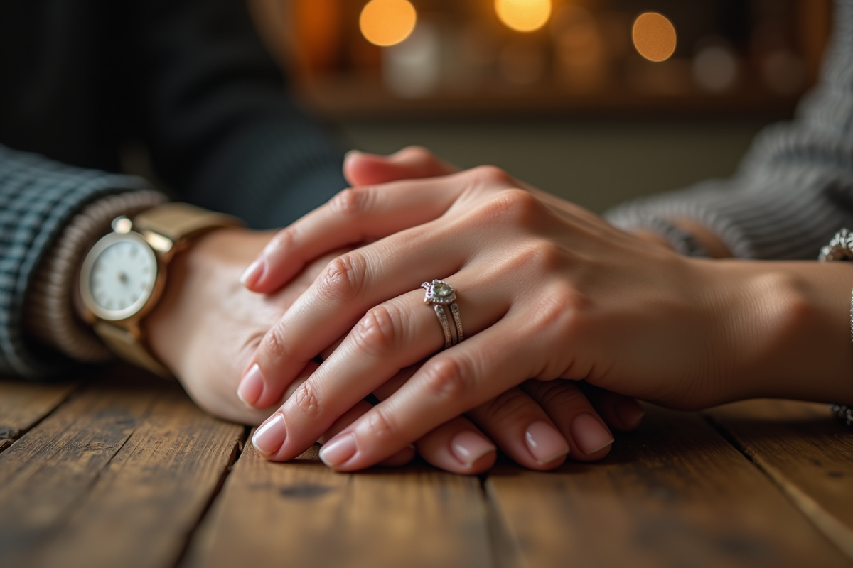 Mains entrelacees avec bagues de mariage sur une table en bois