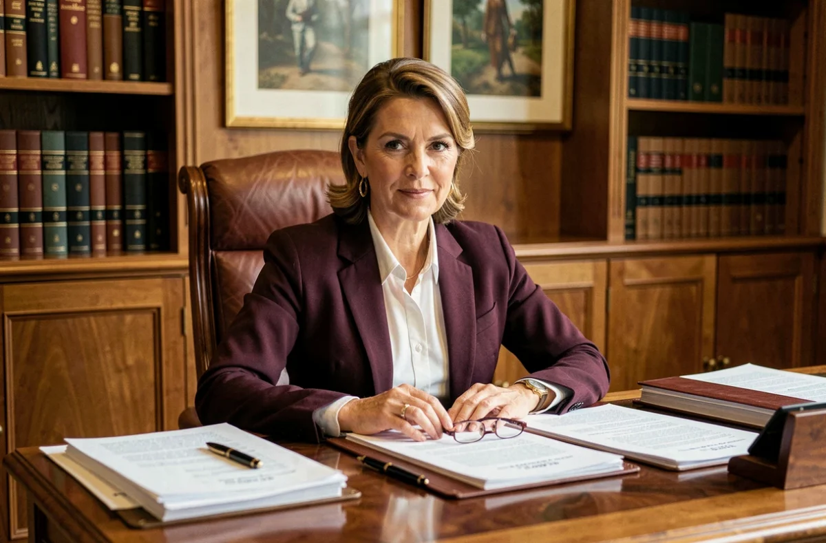 Maître Ariane Rooryck Sarret, avocate au barreau du Havre, à son bureau avec des dossiers juridiques