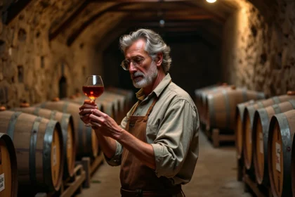 Maître de chai gascon inspectant un verre d'Armagnac dans une cave traditionnelle aux murs en pierre et tonneaux en chêne