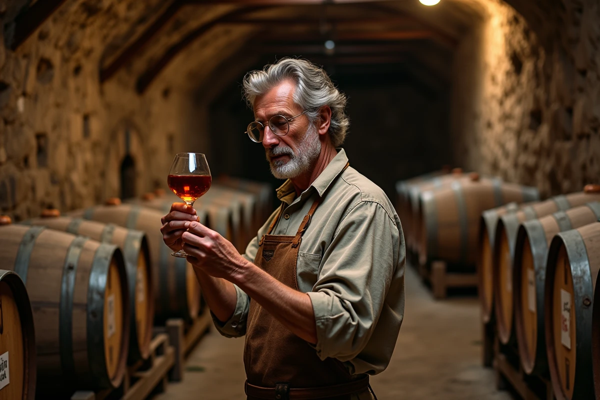 Maître de chai gascon inspectant un verre d'Armagnac dans une cave traditionnelle aux murs en pierre et tonneaux en chêne