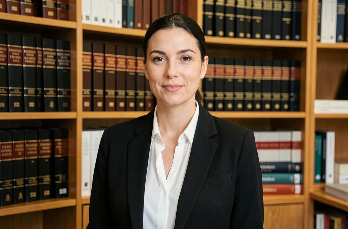 Maître Nathalie Michel, avocate au barreau du Havre, devant une bibliothèque juridique