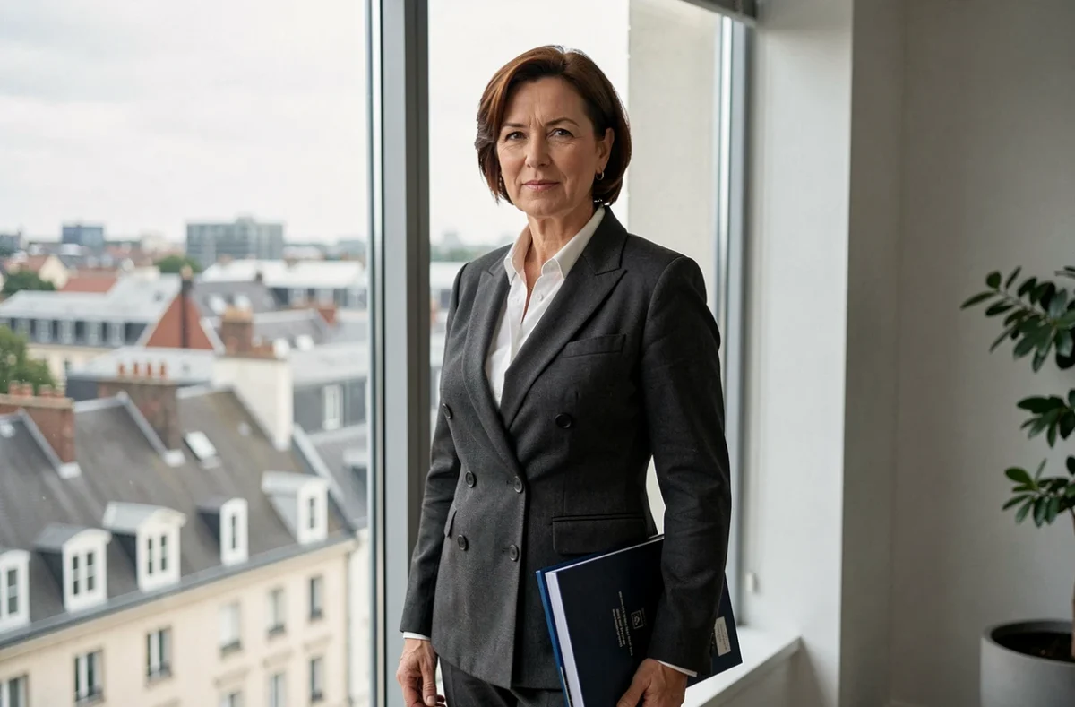 Maître Valérie Giard, avocate au barreau du Havre, debout près d'une fenêtre avec des dossiers
