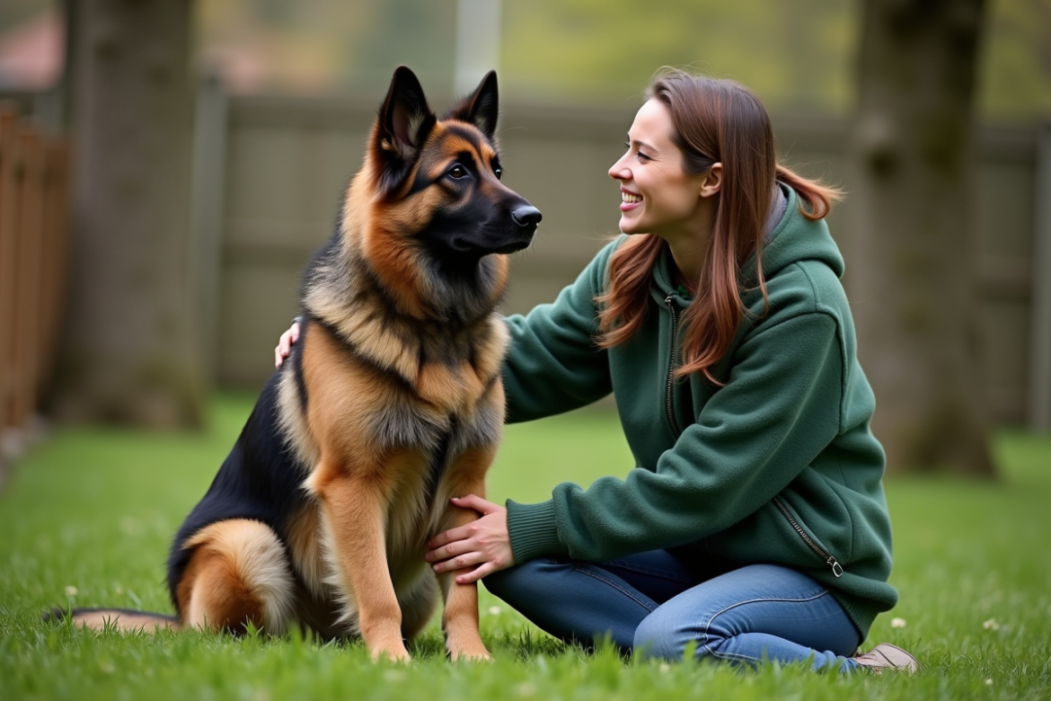Chien Malinois longhair avec femme dans le jardin