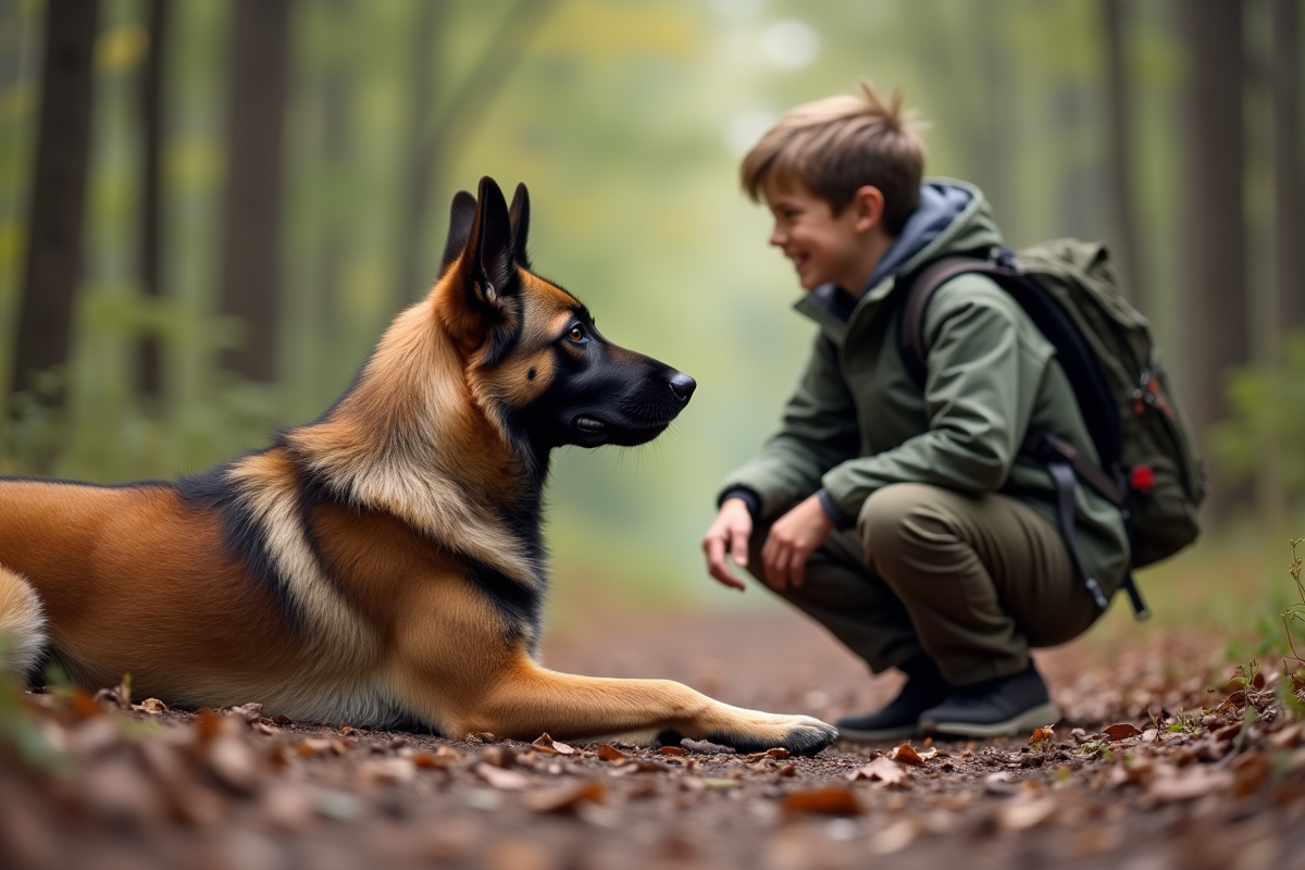 Chien Malinois en forêt avec un jeune garçon