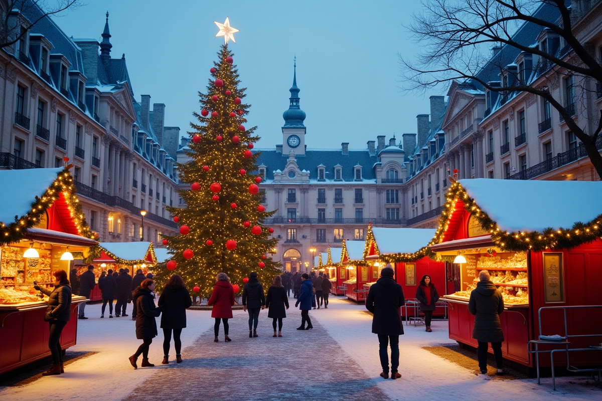 Marché de Noël en journée avec familles et décorations colorées