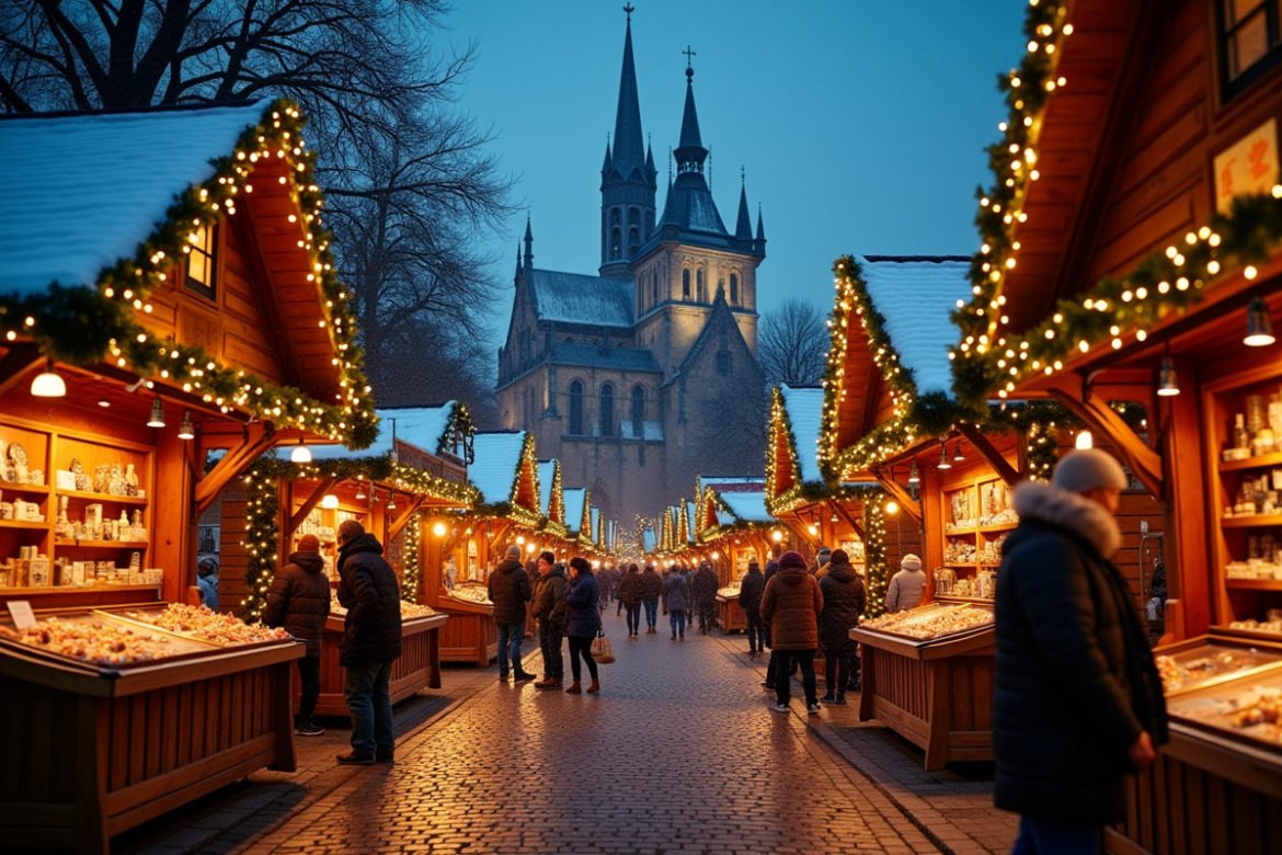 Marché de Noël traditionnel français la nuit avec chalets illuminés