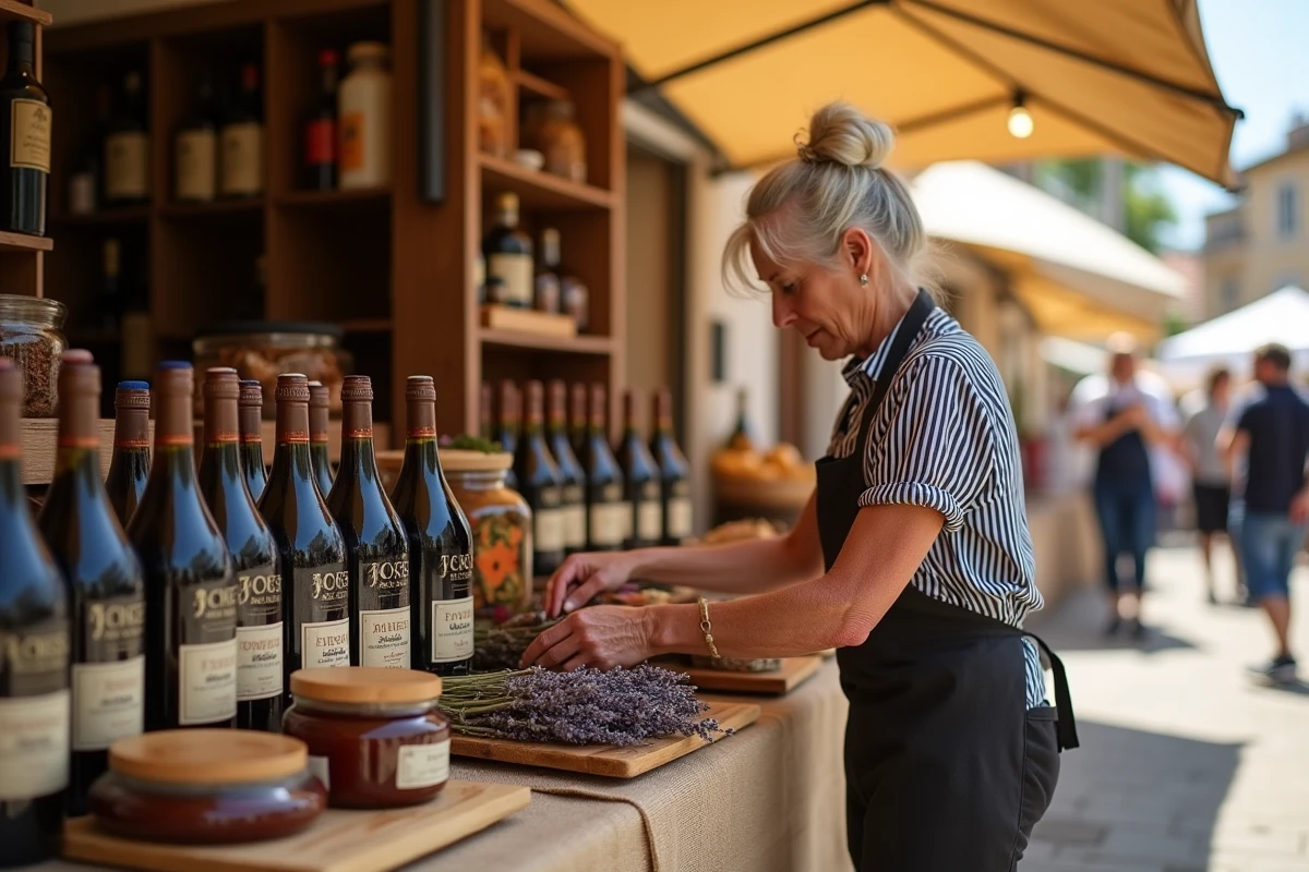Productrice gasconne présentant des bouteilles d'Armagnac et des spécialités régionales sur un étal de marché traditionnel