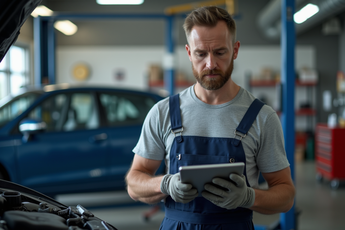 Mécanicien auto homme en atelier moderne avec tablette diagnostic