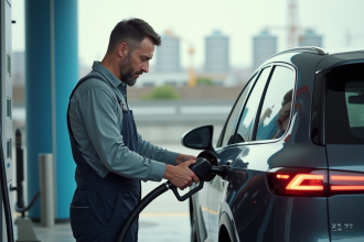 Mécanicien homme en overalls à la station hydrogène