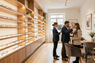 Intérieur d'une boutique d'opticien moderne dans la Marne avec des montures exposées et un opticien conseillant un client