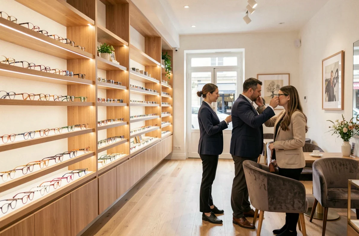 Intérieur d'une boutique d'opticien moderne dans la Marne avec des montures exposées et un opticien conseillant un client