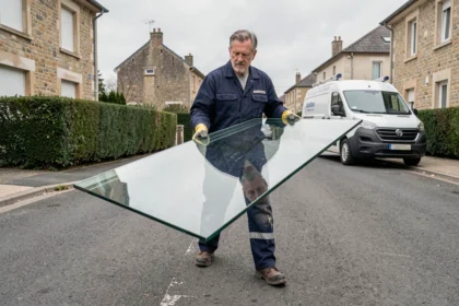 Vitrier professionnel portant une grande vitre dans une rue résidentielle de l'Essonne