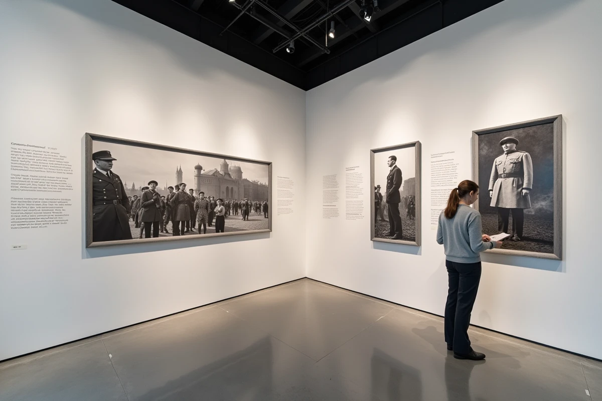 Intérieur du Mémorial de la Résistance allemande à Berlin avec visitrice contemplant une exposition historique