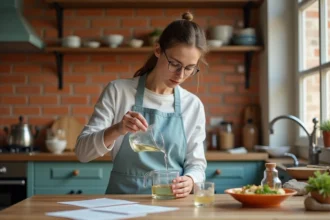 Jeune femme mesurant 80ml de liquide dans un verre doseur sur un plan de travail en bois dans une cuisine chaleureuse