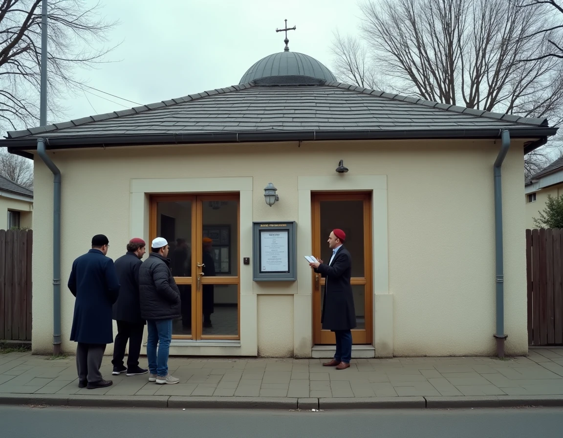 Groupe de fidèles consultant les horaires de prière du ramadan devant une mosquée de Livry-Gargan en hiver