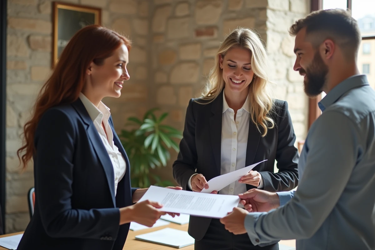Notaire féminin remettant des papiers à un couple dans un bureau lumineux