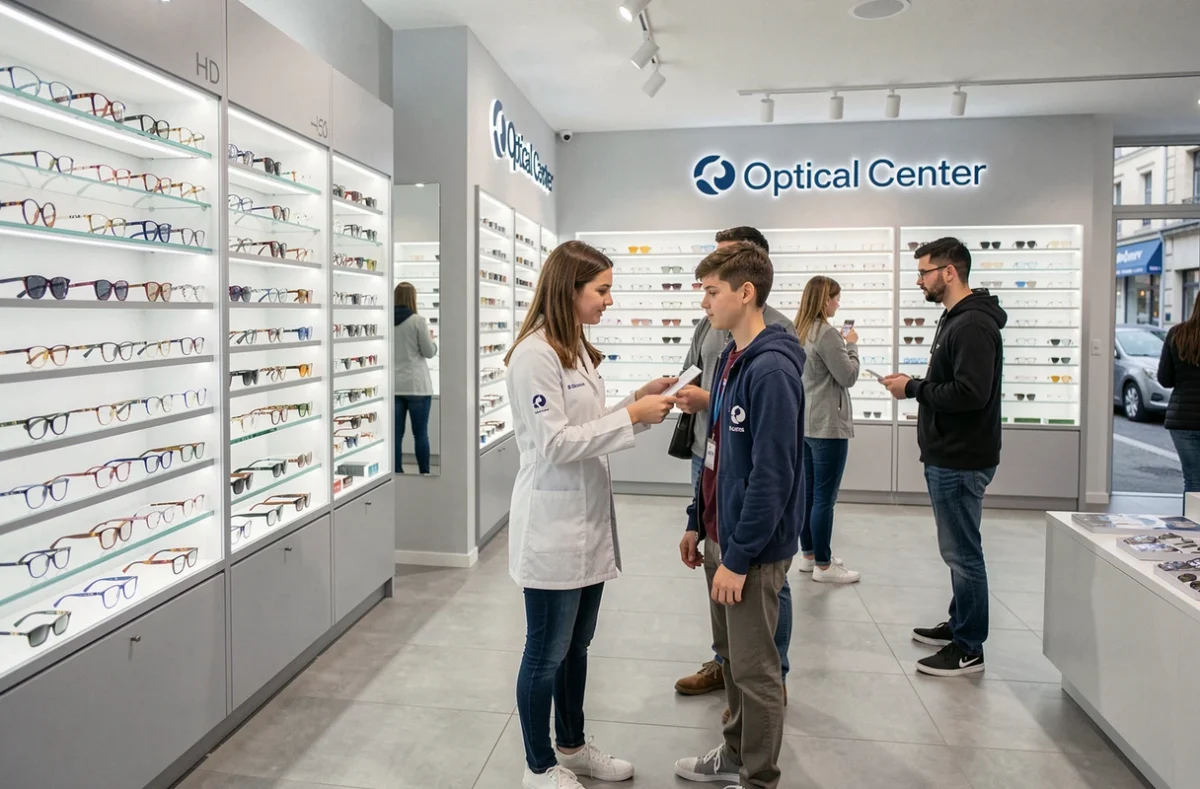 Magasin Optical Center en centre-ville de Reims avec une opticienne aidant un jeune client à choisir des lunettes parmi un large choix